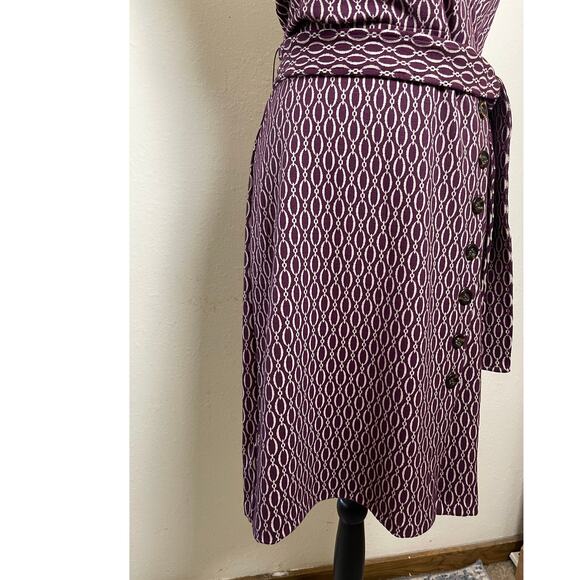 Ann Tylor Womens Belted Sheath Chain Print Midi Dress Burgundy 4P Boardroom Chic - Picture 9 of 14